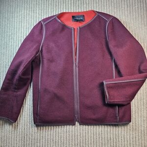 Lafayette 148 New York Women's Med Wool & Cashmere Jacket Leather Detail Maroon